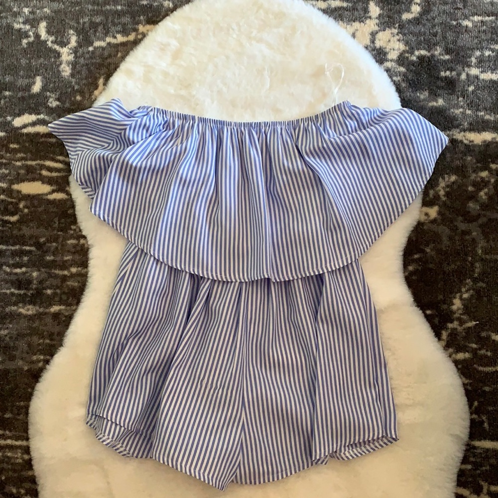 Off the shoulder blue and white pin stripe romper